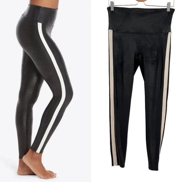 Spanx‎ Faux Leather Stripe Legging in Very Black/White Size Large - Picture 1 of 9